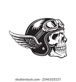 Skull in a retro motorcycle helmet with wings. vector illustration on white background