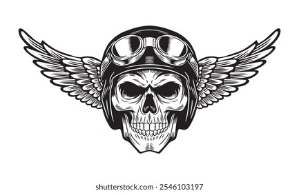 Skull in a retro motorcycle helmet with wings. vector illustration