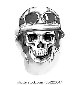 Skull in retro motorcyclist helmet. Vector illustration.