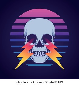 Skull with retrowave background vector illustration