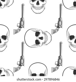 skull and Revolver pattern on white background. Vector illustration.