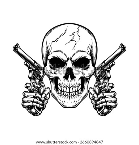 Skull with Revolvers, a Bold Graphic Design. A detailed black and white graphic illustration of a skull holding two revolvers