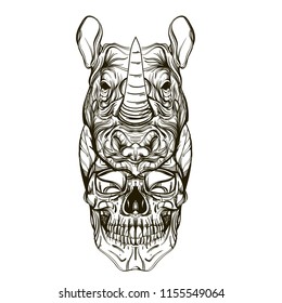 Skull with a rhinoceros mask. Outline vector illustration isolated on white background for tattoos, posters, printing on T-shirts and other items.