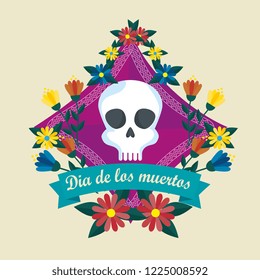 skull with ribbon and flowers to celebrate day of the dead