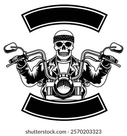 Skull ride motorcycle vector illustration. Black and white biker, badge, rider emblem design	