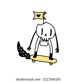 Skull ride a skateboard with love flags, illustration for t-shirt, poster, sticker, or apparel merchandise. With cartoon style.