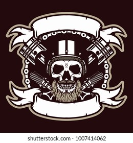 Skull rider badge with piston and spark plugs in vintage color
