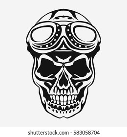 Skull rider in helmet with goggles. Motorcycle graphic print, Retro Motorbike Skull-Biker Badge. vector