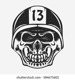 Skull rider in helmet with number. Motorcycle graphic print, Retro Motorbike Skull-Biker Badge. vector