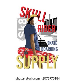 Skull Rider Supply With Female Skateboarder Illustration, Graphic Design typography - vector illustration