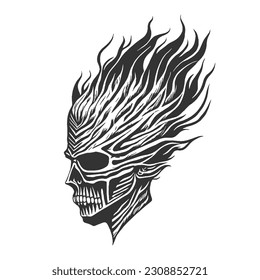 A skull rider symbol with flaming hellfire. Skull design suitable for shirt screen printing and motorcycle club emblems