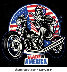 skull rides an American flag painted motorcycle