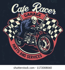 skull riding  cafe racer motorcycle in textured vintage design