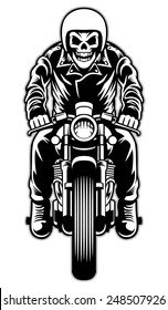 skull riding a cafe racer motorcycle style