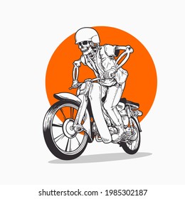 skull riding classic motorbike,premium vector