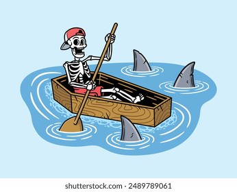 Skull riding a coffin boat illustration