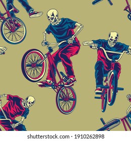 Skull Riding and Doing trick with BMX bicycle seamless pattern. Background Wallpaper