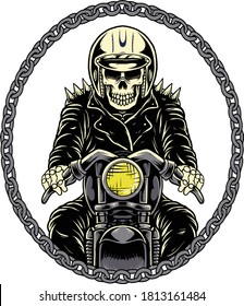 
skull riding a motorbike with a chain loop