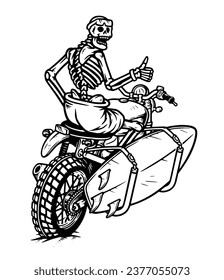 skull riding a motorbike line illustration