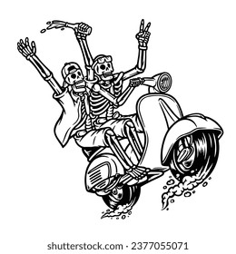 skull riding a motorcycle while having fun line illustration