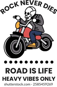 A skull riding a motorcycle with the words in the style of sign illustrations