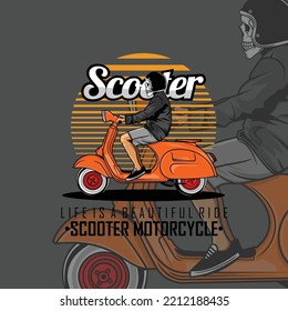 SKULL RIDING SCOOTER MOTORCYCLE ILLUSTRATION WITH A GRAY BACKGROUND