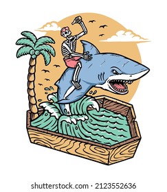 skull riding a shark in the dead sea illustration
