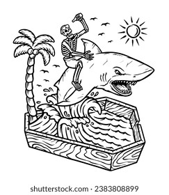 skull riding a shark in the dead sea line illustration