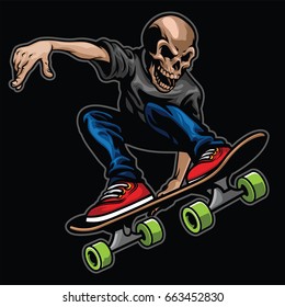 skull riding skateboard and doing the stunt