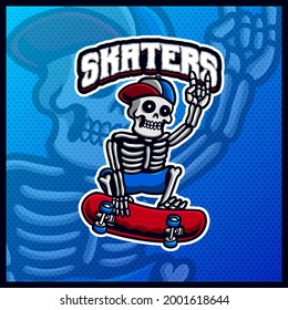 skull riding skateboard mascot esport logo design illustrations vector template, skaters logo for team game streamer youtuber banner twitch discord, full color cartoon style