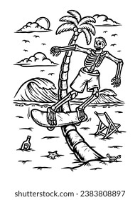 skull riding a skateboard on the beach line illustration