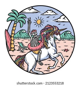 skull riding a unicorn on the beach illustration