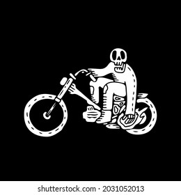 skull riding vintage motorcycle. illustration for t shirt, poster, logo, sticker, or apparel merchandise.