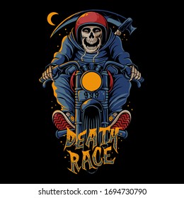 Skull riding vintage motorcycle vector illustration.  Death race design for t-shirt, poster, or sticker