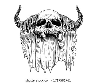 Skull with ripped fabric. White background