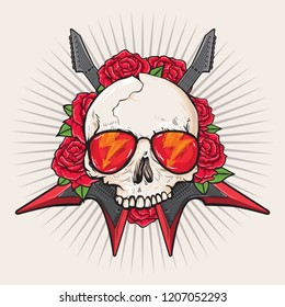 Skull rock gutars roses light background vector illustration
