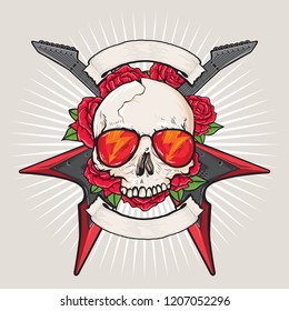 Skull rock gutars roses light background vector illustration