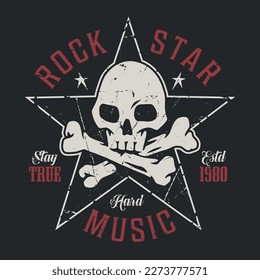 Afiche colorido de estrella de rock craneal con cinco estrellas puntiagudas y huesos para diseño de ropa de banda de rock duro ilustración vectorial