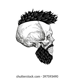 Skull rock style tattoo design. Hand drawn vector illustration