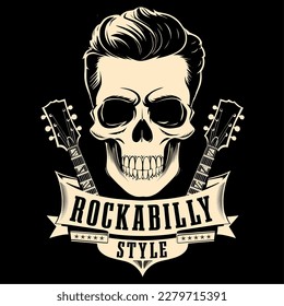 Skull in rockabilly style vector illustration image with guitars next to vintage ribbon banner