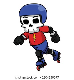 Skull Roller Blader Plays With A Fully Equipped. Skull Cartoon Illustration.