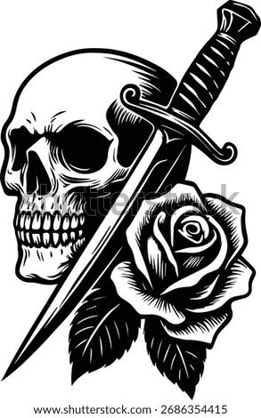 Skull Rose Dagger | Gothic Tattoo Style Clipart | Dark Rose and Dagger Skull Design