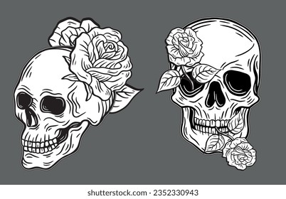 Skull Rose Dark illustration Devil Demon Horror Bone Skull Hand drawn head Hatching symbol Tattoo Merch Vintage Vector