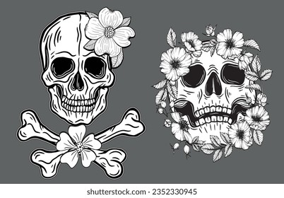 Skull Rose Dark illustration Devil Demon Horror Bone Skull Hand drawn head Hatching symbol Tattoo Merch Vintage Vector