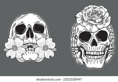 Skull Rose Dark illustration Devil Demon Horror Bone Skull Hand drawn head Hatching symbol Tattoo Merch Vintage Vector