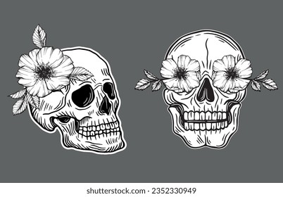 Skull Rose Dark illustration Devil Demon Horror Bone Skull Hand drawn head Hatching symbol Tattoo Merch Vintage Vector