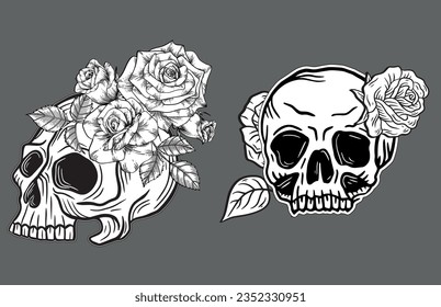 Skull Rose Dark ilustración Devil Demon Horror Bone Skull Hand dibujó la cabeza Tattoo Merch Vector Vintage