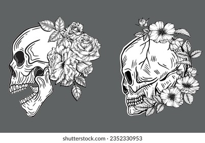 Skull Rose Dark illustration Devil Demon Horror Bone Skull Hand drawn head Hatching symbol Tattoo Merch Vintage Vector