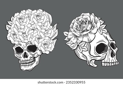 Skull Rose Dark ilustración Devil Demon Horror Bone Skull Hand dibujó la cabeza Tattoo Merch Vector Vintage