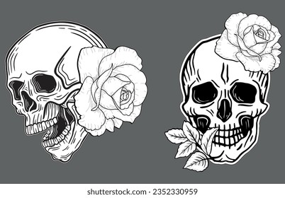 Skull Rose Dark illustration Devil Demon Horror Bone Skull Hand drawn head Hatching symbol Tattoo Merch Vintage Vector